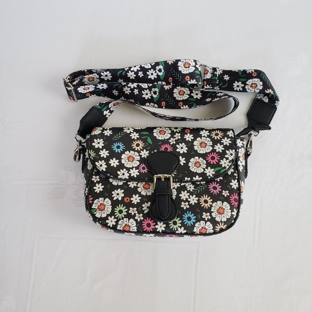Wide adjustable length strap,  Colorful floral, Vegan Leather Crossbody Shoulder